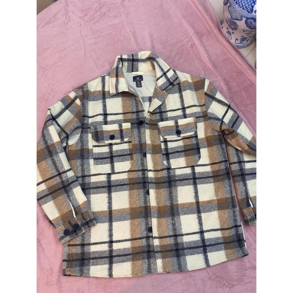 HM Mens Relaxed Fit Plaid Flannel Shirt Jacket Cream Brown Grey Shacket Large
